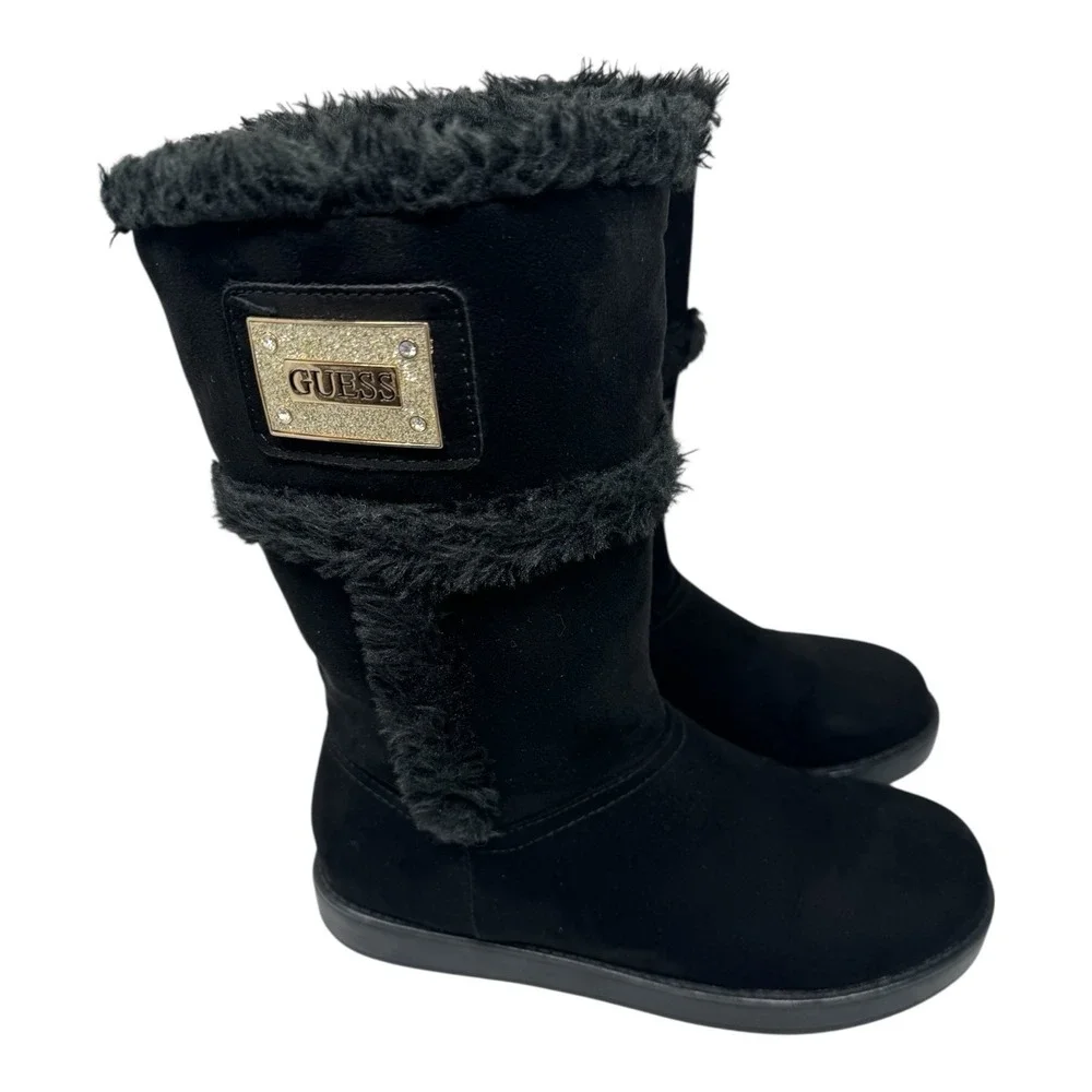 Guess🔥Black Magic 🎱Faux Suede Y2k Fur‎ Trim Bling💎Winter Boots 6 Cozy Core